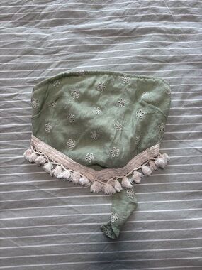 Light Sage Embroidered Tassel Bandeau Top